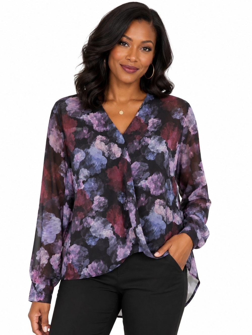 DKNY Black Sheer Blouse with Purple and Mauve Floral Print